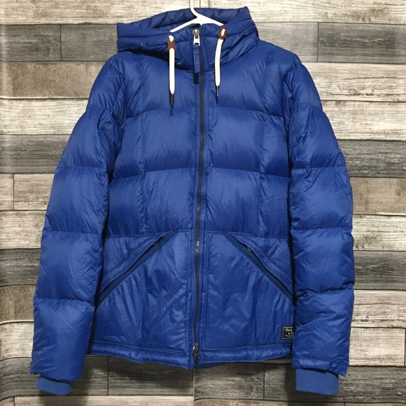 Abercrombie & Fitch Hooded Down Puffer Jacket Men’s S Blue Full Zip Pockets - Picture 3 of 12